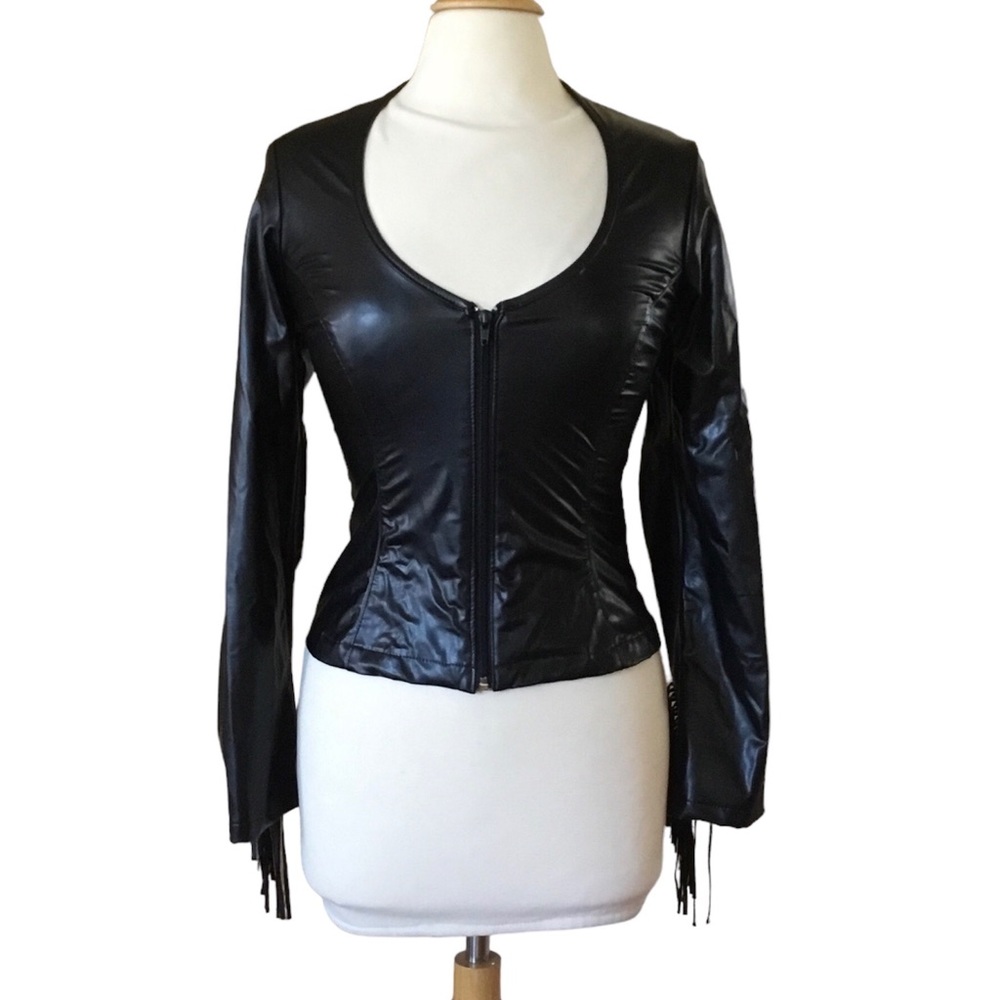 Vintage 80’s 90’s Frederick’s of Hollywood Pleather Back Lace Tie Fringe Jacket